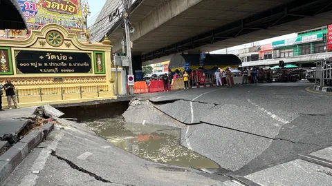 "ทรุดระทึก" ลึก 4 ม. "ถนนแจ้งวัฒนะ" หน้าวัดบ่อ ปากเกร็ด คาดซ่อม 3 วัน