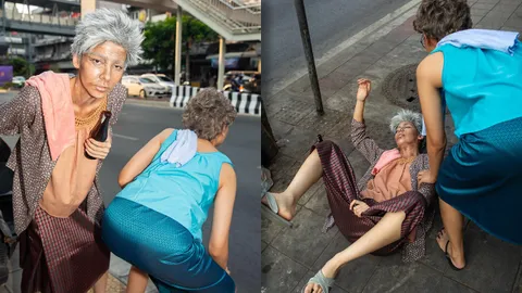 ทำถึงมาก ดาราสาวแต่งเป็นคุณยายใส่คอกระเช้า เผยสาเหตุสงกรานต์ไม่กลับบ้าน