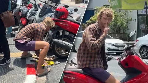 แชร์สนั่นคลิปฝรั่งใช้คีมตัดโซ่ล็อกล้อรถ โซเชียลถาม จราจรเมืองภูเก็ตว่าไงครับ (คลิป)