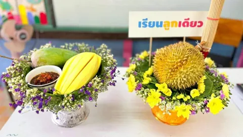 พานไหว้ครูสุดครีเอต จัดเต็มทุเรียน-มะม่วงน้ำปลาหวาน สื่อความหมายเรียนลูกเดียว