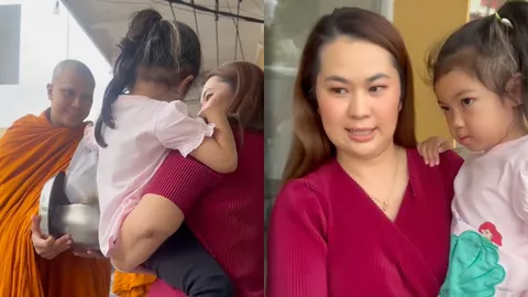 ทำตามที่พูด แม่จูน พาลูกสาวตื่นเช้าไปใส่บาตร พระหนุ่ม (คลิป) 