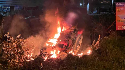 รอดหวุดหวิด 2 สาววัยรุ่น เก๋งซีวิคชนต้นไม้ไฟไหม้วอด อ้างหมาตัดหน้า  