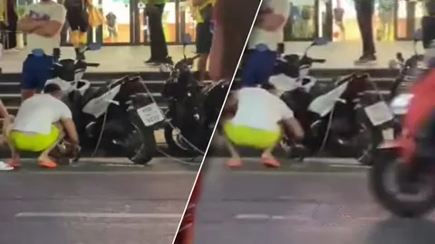 โผล่อีก “ฝรั่งภูเก็ต” ไม่สนตำรวจล็อกล้อ ใช้ก้อนหินทุบโซ่ ล็อกได้ก็ทุบได้