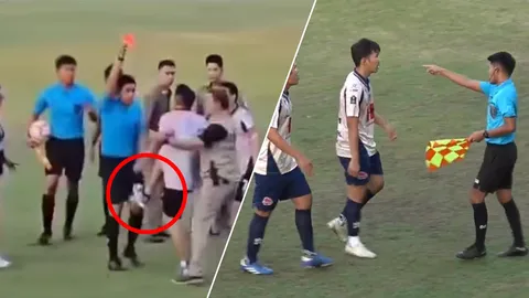 เดือด “สตาฟฟ์ทีมไทยลีก 3” กระโดดถีบ “ผู้ตัดสิน” ก่อนตำรวจต้องรีบพาออกนอกสนาม (คลิป)