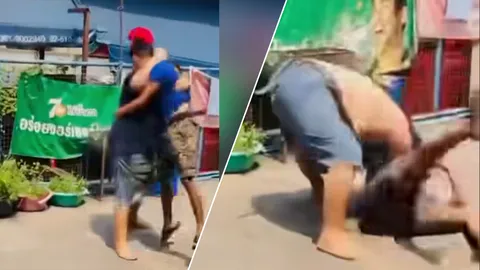 "หนุ่มร่างยักษ์" มีปัญหากับ "หนุ่มร่างบาง" ก่อนใส่ท่า "ร็อก บอททอม" แบบนักมวยปล้ำดัง (คลิป)