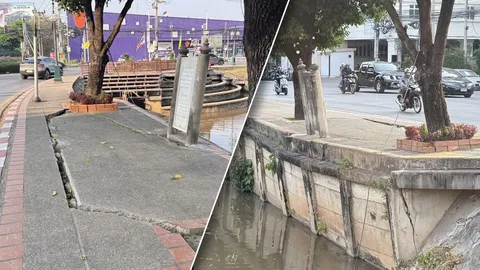 เชียงใหม่ โซเชียลแชร์ภาพทางเท้าเสี่ยงโชค ริมคูเมือง ทรุดตัวพร้อมถล่มได้ทุกเวลา