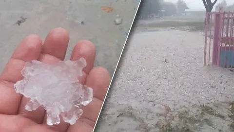 พายุฤดูร้อนถล่ม จ.เลย ฝนตกหนัก-ลูกเห็บเท่าลูกมะนาว ตกเต็มพื้นสนามหญ้าโรงเรียน
