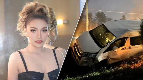 รถตู้หมอลำสาว "ใหม่ พัชรี" ประสบอุบัติเหตุรถพุ่งลงข้างทาง โชคดีไม่มีคนเจ็บ