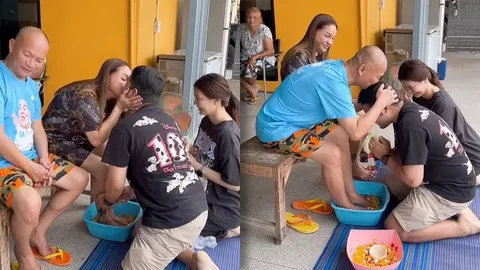 มด เมียหม่ำ ซึ้งใจกลั้นน้ำตาไม่อยู่ ลูกชายพาแฟน รดน้ำ-ล้างเท้า ขอพรพ่อกับแม่