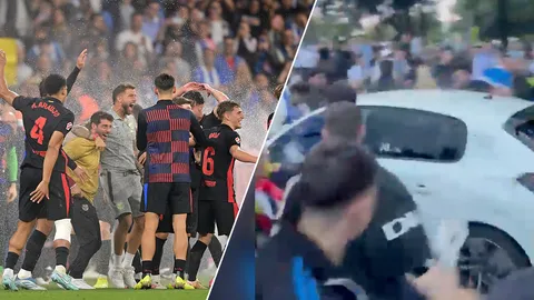 วินาทีชีวิต! รถพุ่งชนแฟนบอลหน้าสนามเกมดาร์บี้ “เอสปันญอล พบ บาร์เซโลนา” เจ็บระนาว (คลิป)