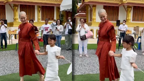 ภาพงดงาม สามเณรีเจนี่ เดินจูงมือลูกสาว น้องโนล่า แฟนๆ ร่วมอนุโมทนาบุญ