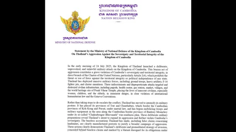 กระทรวงกลาโหมเขมรแถลงเดือด เรียกร้องนานาชาติหยุดไทยขยายปฏิบัติการทหาร  