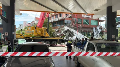 ฤทธิ์พายุฝนถล่มปากเกร็ด หอบโครงสร้างหลังคาคาร์แคร์ในปั๊มน้ำมันปลิวไกลราว 30 เมตร