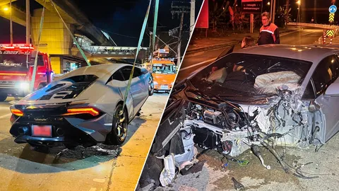 “ลัมโบร์กินี” ชนเสาไฟฟ้าที่นนทบุรี คนขับ-คนนั่ง เจ็บเล็กน้อย ตร.เชิญไปโรงพัก