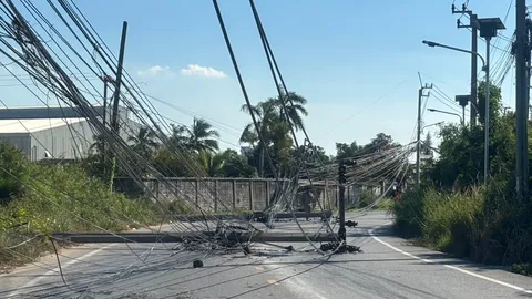 "โชเฟอร์สาว" ขับรถบรรทุกพุ่งชนเสาไฟฟ้าข้างทางล้มระนาว ทำรถติดยาวหลายกิโลเมตร