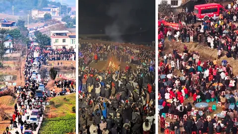 สาวจีนโพสต์ขอแรงคนช่วยพ่อ "ล้มหมู" แต่ชาวเน็ตแห่มานับพัน ทำรถติดยาว 10 กม.