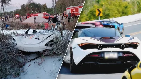 รถซุปเปอร์คาร์ “แมคลาเรน 720เอส” ชนเสาไฟฟ้า ไหม้วอดทั้งคัน ระหว่างมาเที่ยวจังหวัดน่าน