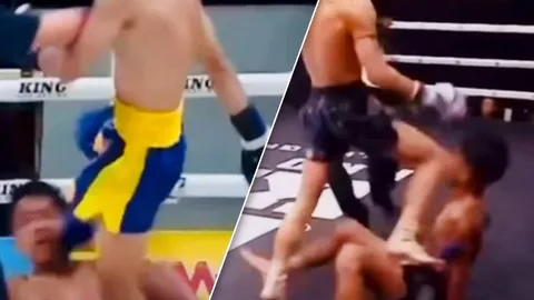 ไม่น่าเชื่อ "นักมวยไทย" เตะหน้า "นักมวยฝ่ายตรงข้าม" ขณะที่ล้มลงไปแล้ว 2 ไฟต์ติดต่อกัน (คลิป)