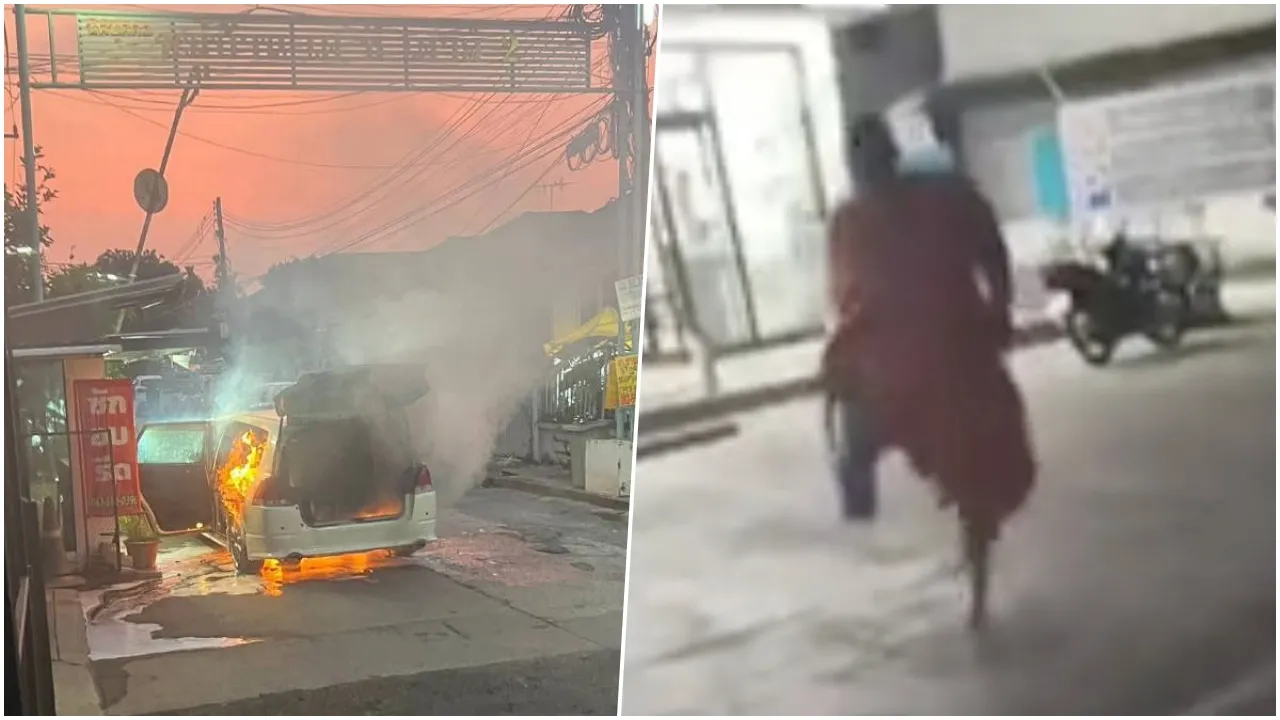 คุณพระช่วย จับบาตรวิ่งคว้าถังดับเพลิง ช่วยดับไฟไหม้รถ (คลิป)