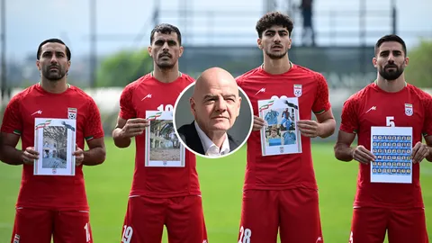 อิหร่านถือภาพรำลึกเหยื่อสงคราม ก่อนแมตช์อุ่นเครื่อง ปธ.ฟีฟ่า ร่วมชมเกม ยันอิหร่านลุยบอลโลกตามเดิม