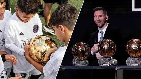 "ลูกชายเมสซี" นำถ้วยบัลลงดอร์ มาโชว์เพื่อนที่สนามบอล