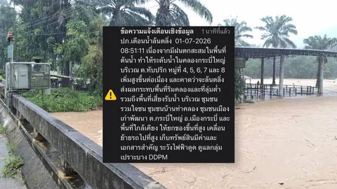 ปภ. ส่ง Cell Broadcast เตือนน้ำล้นตลิ่งพื้นที่ จ.กระบี่ หลังฝนตกหนักต่อเนื่อง