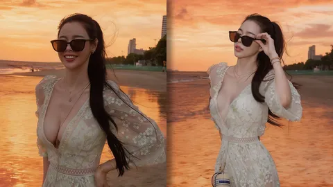 ไอซ์ ปรีชญา เปิดภาพเที่ยวทะเลพัทยา ใส่ชุดลูกไม้ซีทรูสีขาว ทะลุแสงทั้งท่อนบนท่อนล่าง