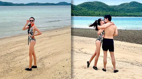 ดิว อริสรา นุ่งชุดว่ายน้ำ อวดโมเมนต์หวาน จูบ วู้ดดี้ ล่ำซำ ริมทะเล