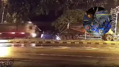 นาทีรถเก๋งพุ่งชนท้ายรถปูน รถบรรทุกพ่วงพุ่งชนซ้ำ รถเก๋งขาดสองท่อน