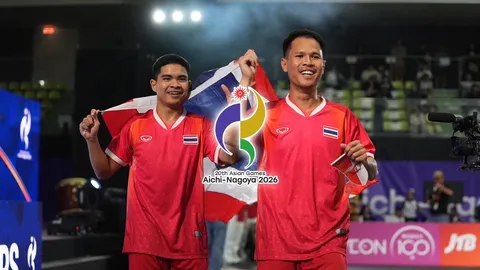 แรงไม่หยุด ทัพไทย คว้าเหรียญทองที่ 3 "เอเชียนเกมส์ 2026" จาก เทคบอล" ประเภทชายคู่