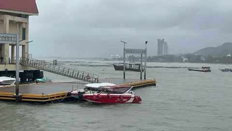 ฝนกระหน่ำ คลื่นลมแรง งดเดินเรือข้ามฟากไปเกาะสีชัง ศรีราชาน้ำท่วมถนนหลายจุด
