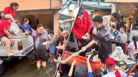 น่ารักมาก ชมภาพ "โค้ชอ๊อต" นำ "โค้ชช้าง" ลงพื้นที่ช่วยผู้ประสบภัยน้ำท่วม เขตสะพานสูง