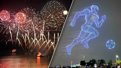 จีนฉลองวันชาติสุดยิ่งใหญ่ โดรน 5,000 ลำแปรขบวนบนฟ้า ฮ่องกงจุดพลุสว่างไสว