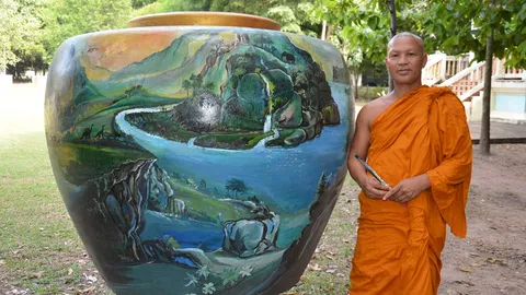 พระโคราชไอเดียสุดทึ่ง เก็บโอ่งเก่าๆ วาดภาพแฝงปริศนาธรรม
