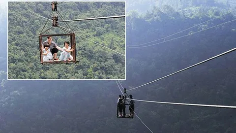 เห็นแล้วขาสั่น! ชาวจีนบนเขา ใช้ 'กระเช้าเคเบิล'สุดหวาดเสียว