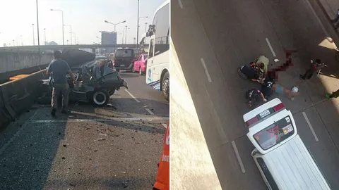 รถตู้ชนหนุ่ม เก๋งจอดเสียบนทางยกระดับร่างร่วงกระแทกพื้นดับ