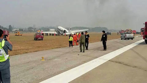 เครื่อง ทอ. โปรยน้ำเชียงใหม่ ยางแตก-ไถลรันเวย์ นักบินปลอดภัย