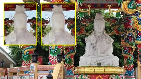 น่าแปลก! ภาพ ‘พระแม่กวนอิม’ หรี่-หลับตา ทั้งที่องค์จริงเบิกเนตร  