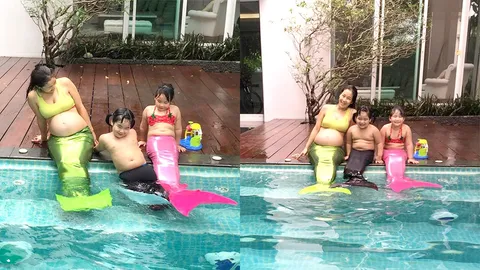 ครอบครัวสุขสันต์! ‘ออกัส-ออก้า’ โชว์ความน่ารัก ว่ายน้ำในชุดนางเงือก