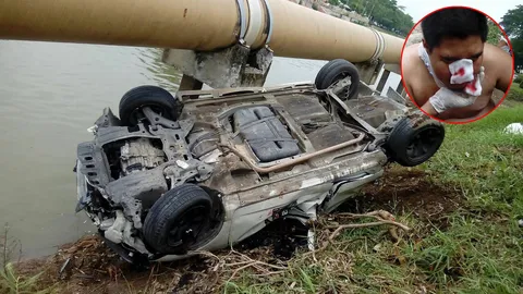 ลูกชาย'โหน่ง ชะชะช่า’ ขับเก๋งชนท่อส่งน้ำ หวิดตกคลองย่านธัญบุรี บาดเจ็บ