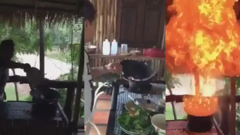 ไฟแรง! พ่อครัวหนุ่ม ผัดผักบุ้งโชว์นักท่องเที่ยว เปลวเพลิงพุ่งหวิดไหม้ทั้งหลัง