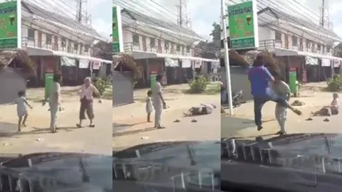 พ่อค้าไก่สุดทน! ลูกชายผลักแม่ล้มริมถนน กระโดดถีบหงายหลัง