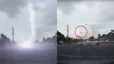 อะไหล่กระเด็น! คลิปเตือนภัย ฟ้าผ่าใส่รถ จะจะกลางสี่แยก