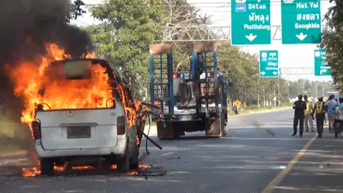 ระทึก! ตู้ติดแก๊สเสยท้ายเทรลเลอร์ไฟท่วม 6 ชีวิตรอดตายหวุดหวิด