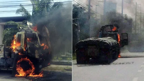 เพลิงไหม้หัวลากรถบรรทุกเหล็กวอด เสียหายนับล้าน คาดไฟลัดวงจร