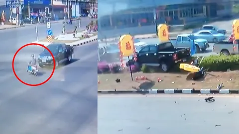 อุทาหรณ์! คลิปกระบะฝ่าไฟแดงพุ่งชน จยย. ทะยานขึ้นเกาะกลาง