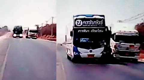 ระทึก! ทัวร์โดยสารแซงรถบรรทุก หวิดประสานงา บริษัทรับทราบแล้ว