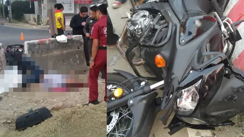  หนุ่มยุโรปซิ่งบิ๊กไบค์เฉี่ยวจยย.เสียหลักชนอัดแท่งปูนดับคาที่
