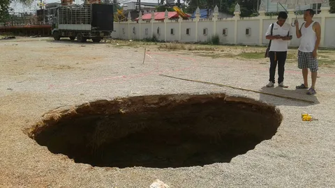 ดินยุบเป็นหลุม ลึก 4 เมตร กลางวัดดังกระบี่