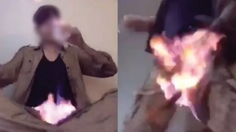 ไฟลุกพึ่บ! หนุ่มจีนเล่นพิเรนทร์ โชว์จุดไฟด้วยแอลกอฮอล์ พลาดทำหกใส่ตัวเอง